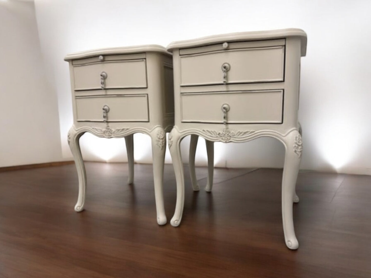 John Lewis Birch Wood Shabby Chic Bedside Tables with Pull-out Tray Rose Mist RRP £349 Each