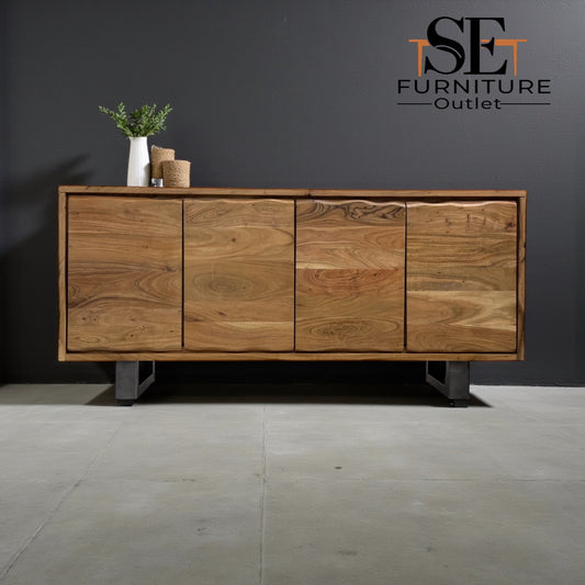 Chunky Solid Acacia Wood Live Edge 4-Door Extra Large Sideboard with Gun Metal Legs RRP £1299