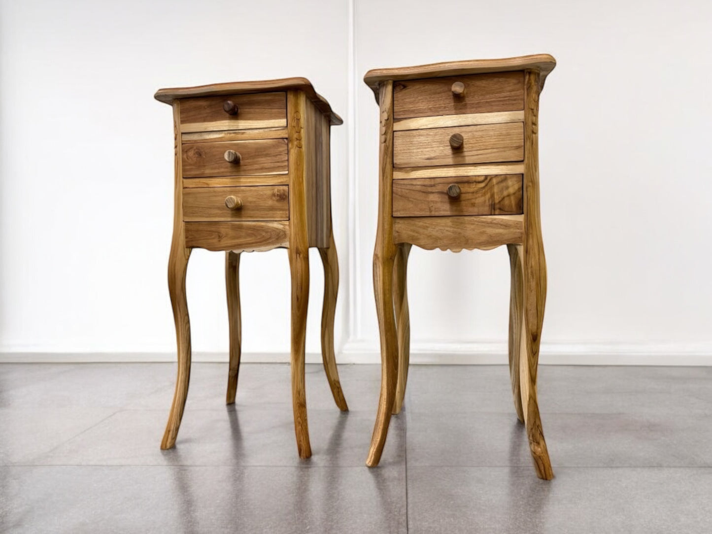 Solid Oiled Teak Wood 3 Drawer Bedside Tables/ Side Tables/ Lamp Tables