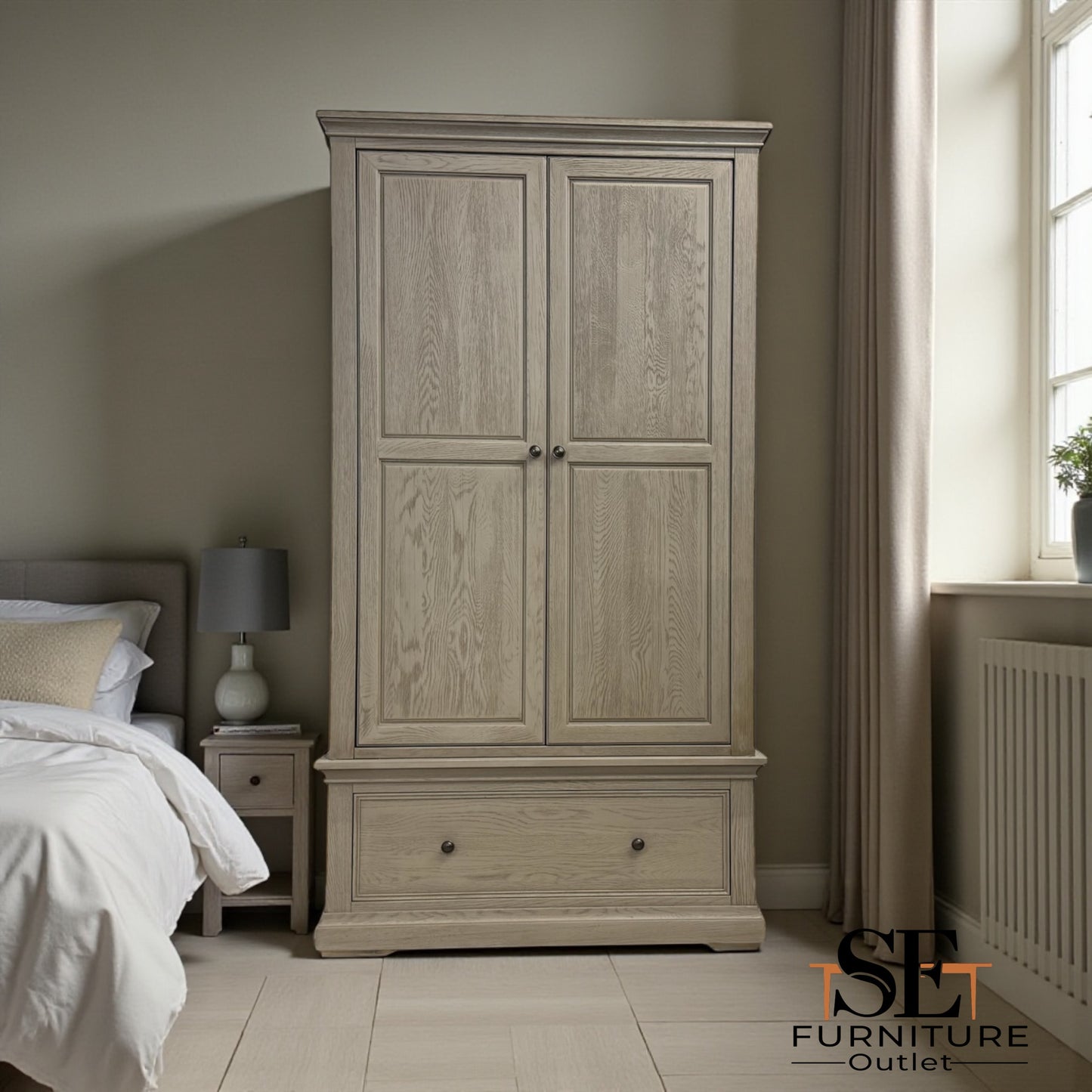 Weathered Oak Double Wardrobe with Glass Mirror & Tie Rack Burleigh Range From Oak Furnitureland RRP £1099