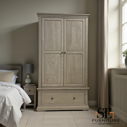 Weathered Oak Double Wardrobe with Glass Mirror & Tie Rack Burleigh Range From Oak Furnitureland RRP £1099