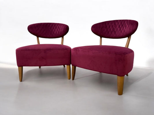 Pair Of Crimson Velvet Fabric Casual Chairs With Solid Oak Frame