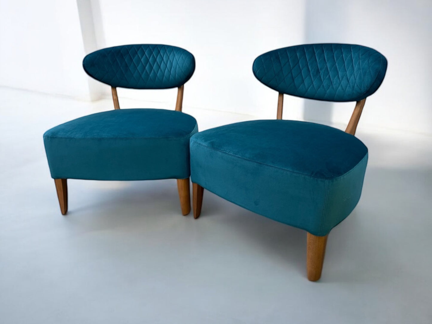 Pair Of Sea Green Velvet Fabric Casual Chairs With Solid Oak Frame