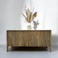 SOLID MANGO WOOD LARGE SIDEBOARD, WITH A STRIKING RIBBED FEATURE & A POLISHED CARRERA MARBLE TOP