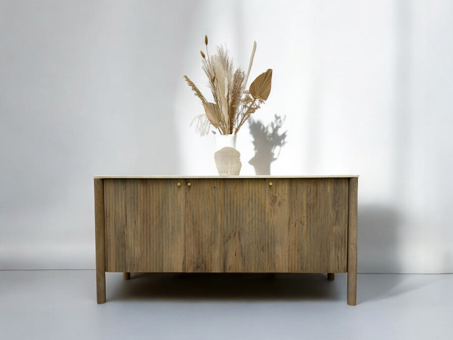 SOLID MANGO WOOD LARGE SIDEBOARD, WITH A STRIKING RIBBED FEATURE & A POLISHED CARRERA MARBLE TOP