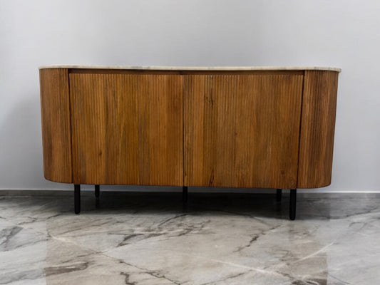 SOLID MANGO WOOD & LUXURIOUS WHITE & GREY MOTTLED MARBLE TOPPED LARGE TV UNIT/SIDEBOARD