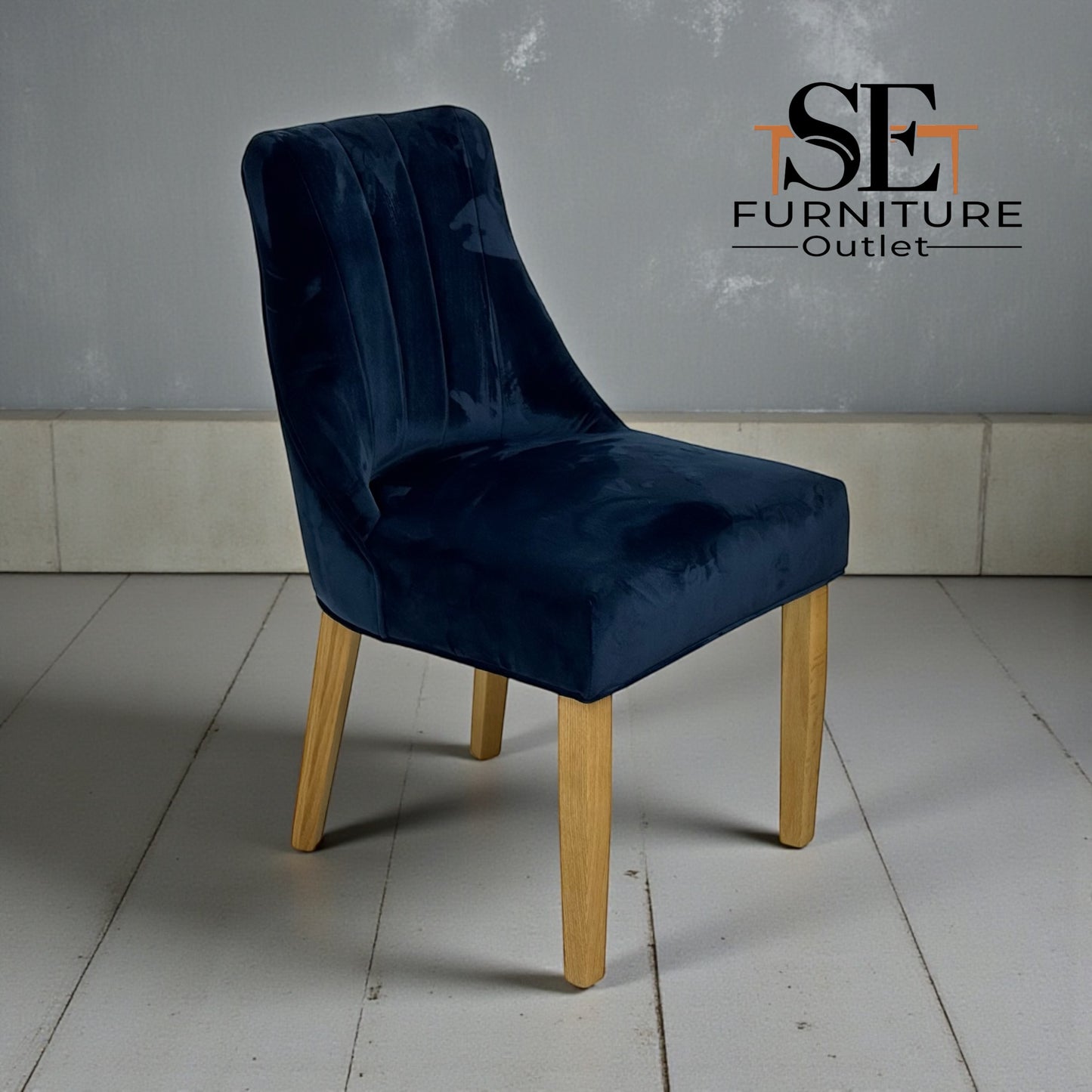 Set of 6 Natural Oak Legs in Midnight Velvet Dining Chairs, from Oak Furnitureland RRP £260 each