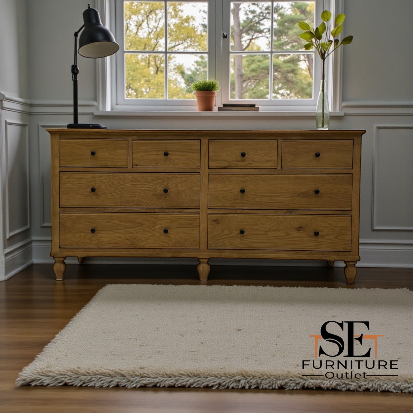 Solid Oak Top & Quality Oak Veneer Base 8 Drawer Wide Chest Elkstone Mellow Oak Range RRP £850