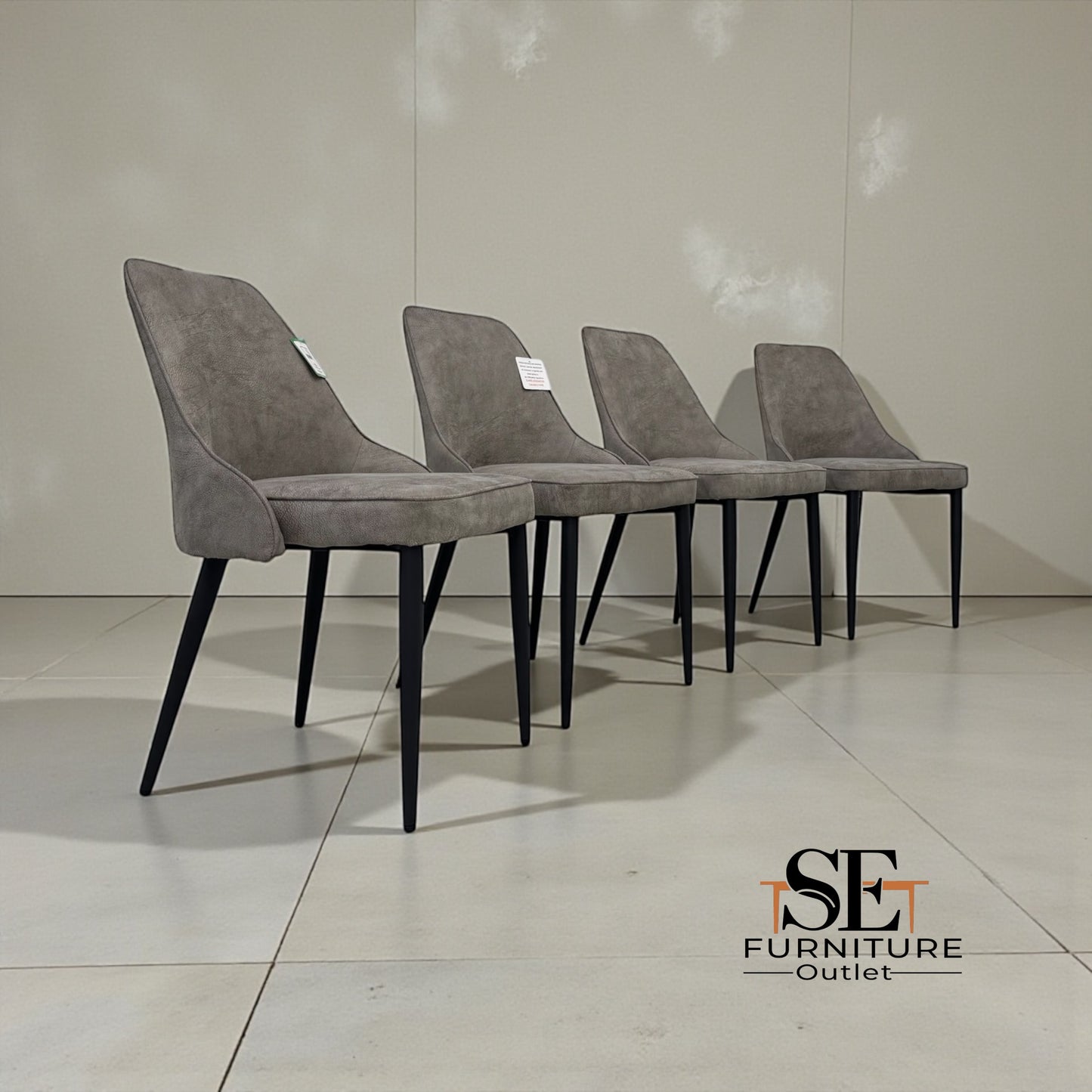 Set of 4 Light Grey Suede Dining Chairs with Black Metal Legs from Oak Furnitureland RRP £220