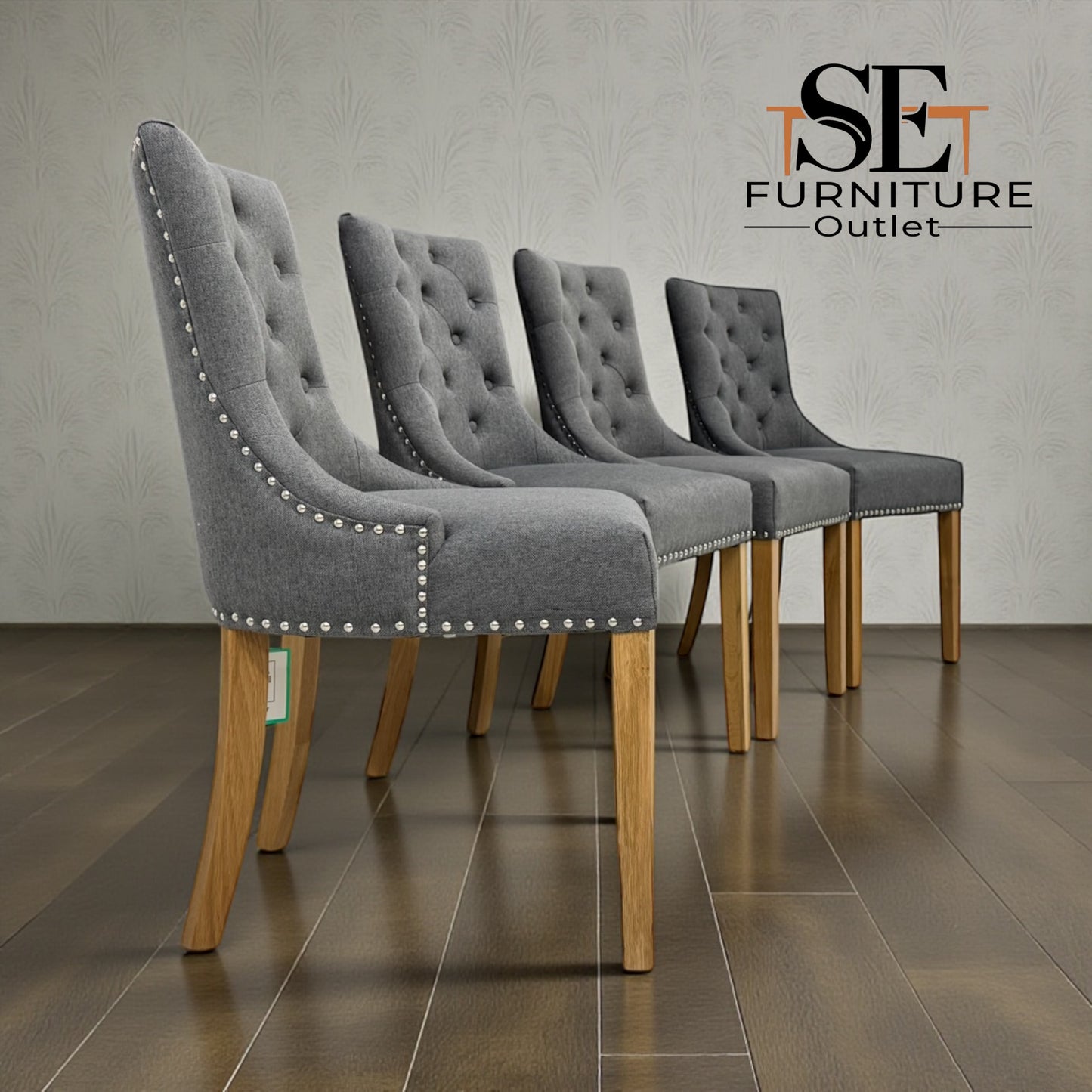 Set of 4 Natural Oak Dining Chairs in Grey Fabric, Vivien Range From Oak Furnitureland RRP £260 each