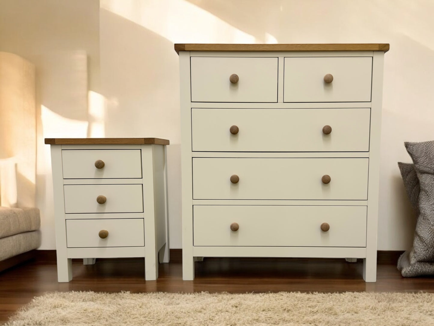 Cotswold Company Oak Top & Cream Painted 5 Drawer Chest & Bedside Table