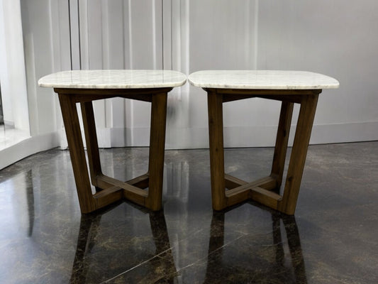 Oak Furnitureland Solid Acacia & Luxury Italian Carrara Marble Top Side Tables RRP £458