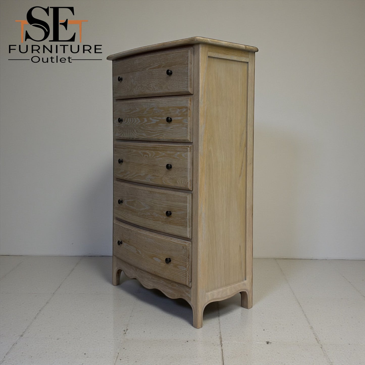 Solid Oak Frame Tall 5 Drawer Chest, Camille Limewash Range RRP £899