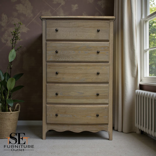 Solid Oak Frame Tall 5 Drawer Chest, Camille Limewash Range RRP £899