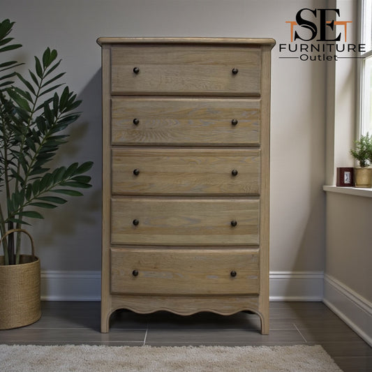 Solid Oak Frame Tall 5 Drawer Chest, Camille Limewash Range RRP £899