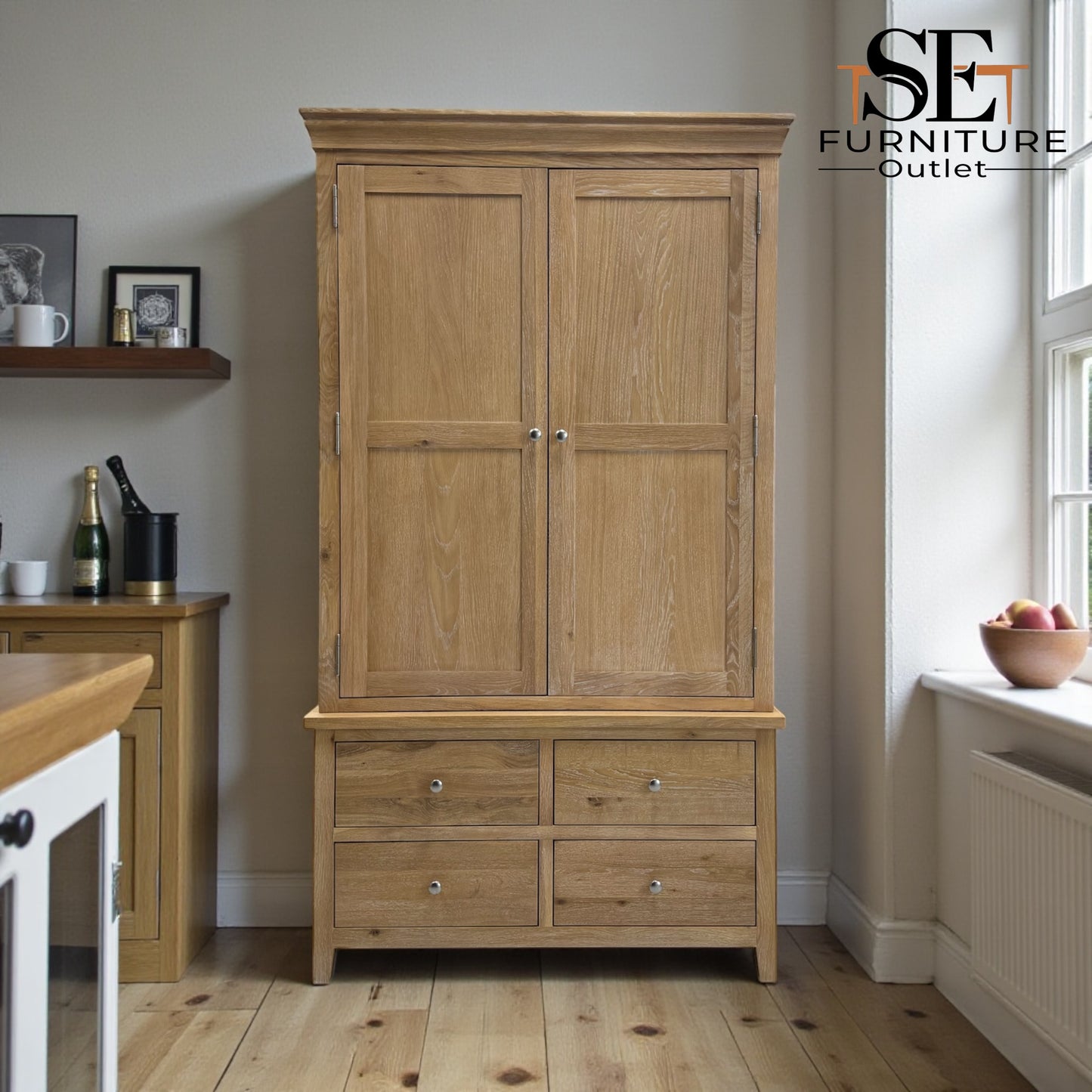 Whitewash Finish Solid Oak & Quality Oak Veneer Double Larder, Inglesham Range RRP £1699