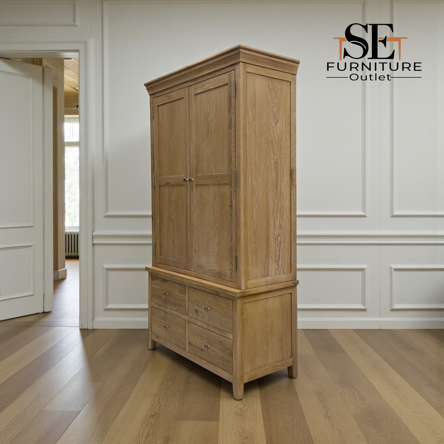 Whitewash Finish Solid Oak & Quality Oak Veneer Double Larder, Inglesham Range RRP £1699
