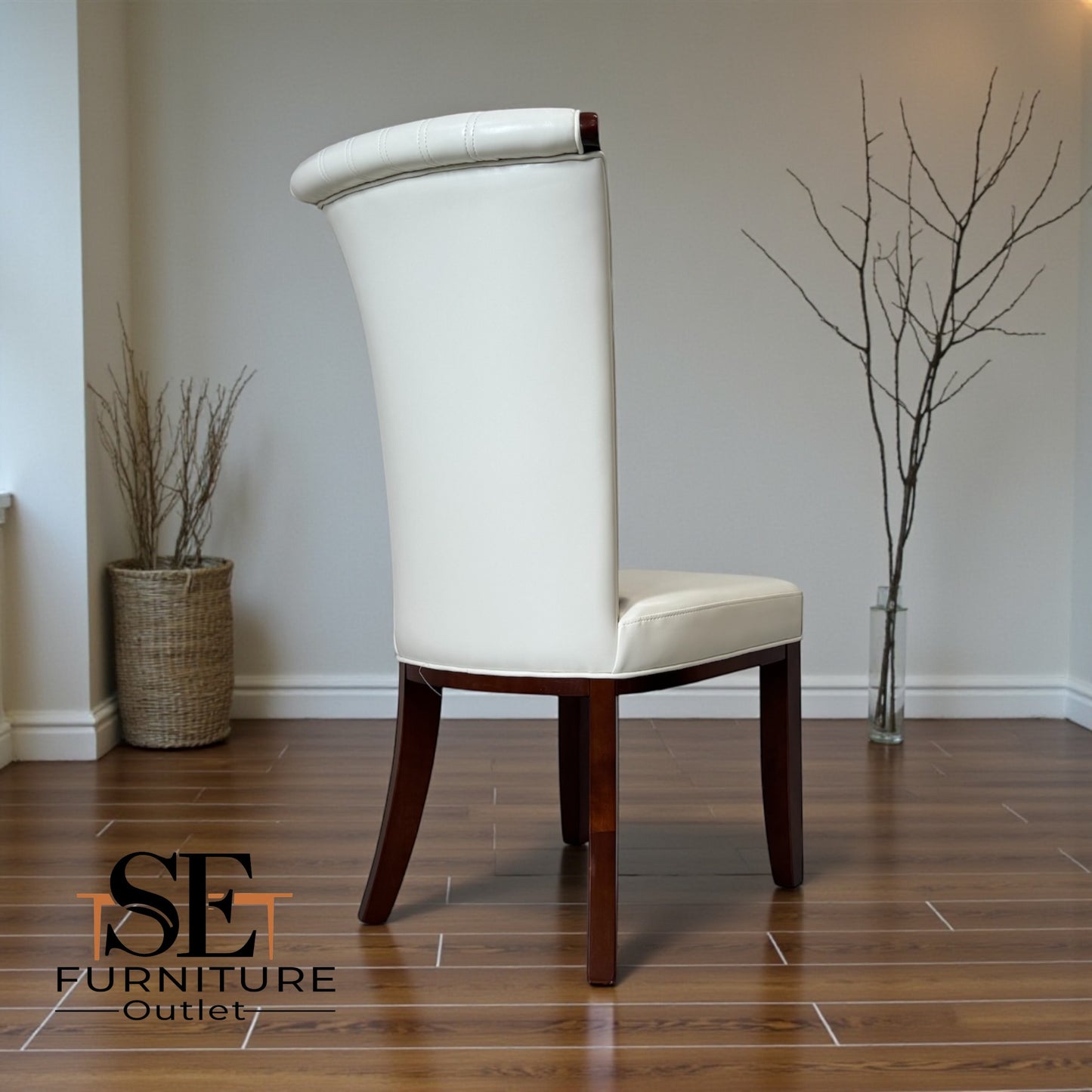 Set of 6 Solid Hardwood Frame & Cream Faux Leather High-back Dining Chairs