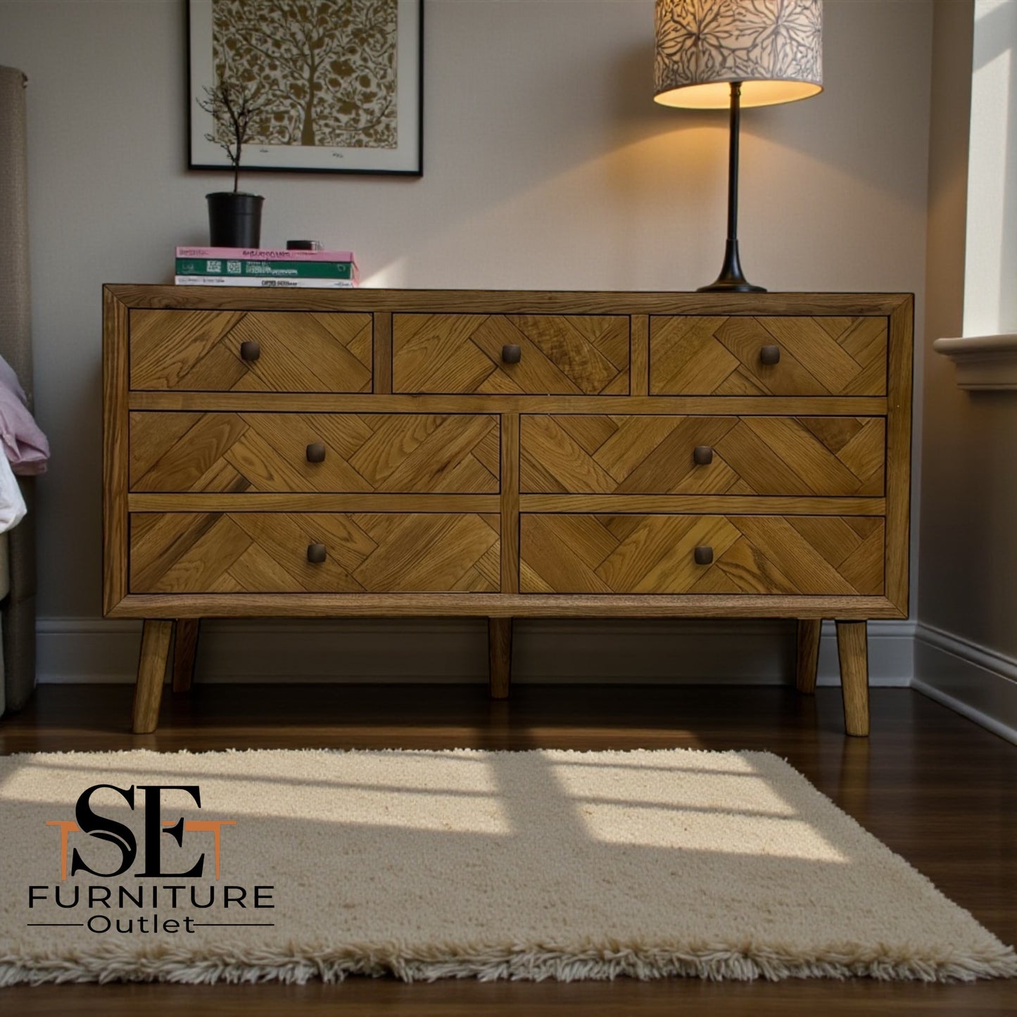 Brushed & Glazed Solid Oak 7 Drawer Chest, Parquet Range From Oak Furnitureland RRP £699