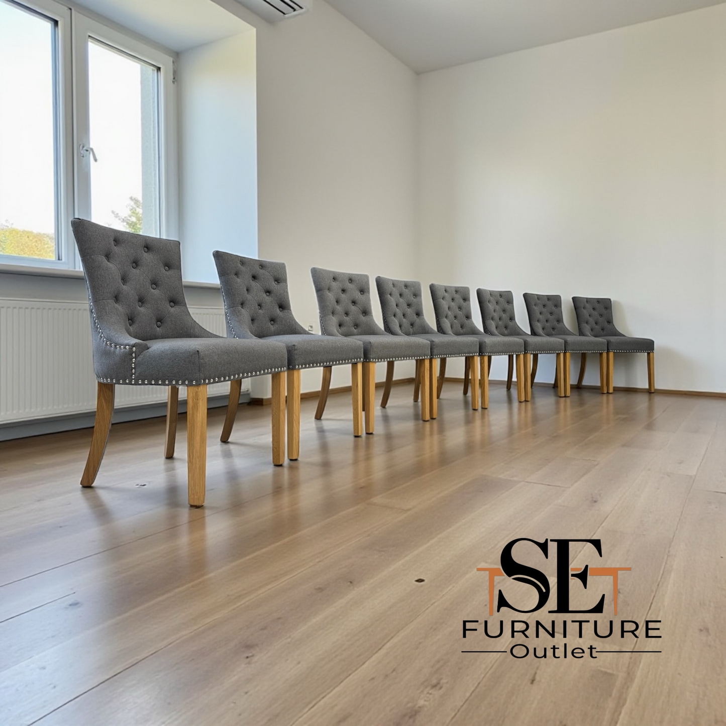 Set of 8 Natural Oak Dining Chairs in Grey Fabric, Vivien Range From Oak Furnitureland RRP £260 each
