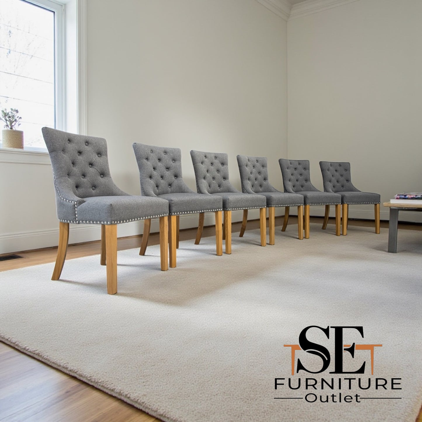 Set of 6 Natural Oak Dining Chairs in Grey Fabric, Vivien Range From Oak Furnitureland RRP £260 each