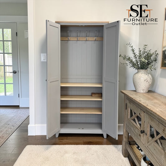 Oak Top & Solid Wood Frames 2 Door Hallway Cupboard, Chester Dove Grey Range RRP £999