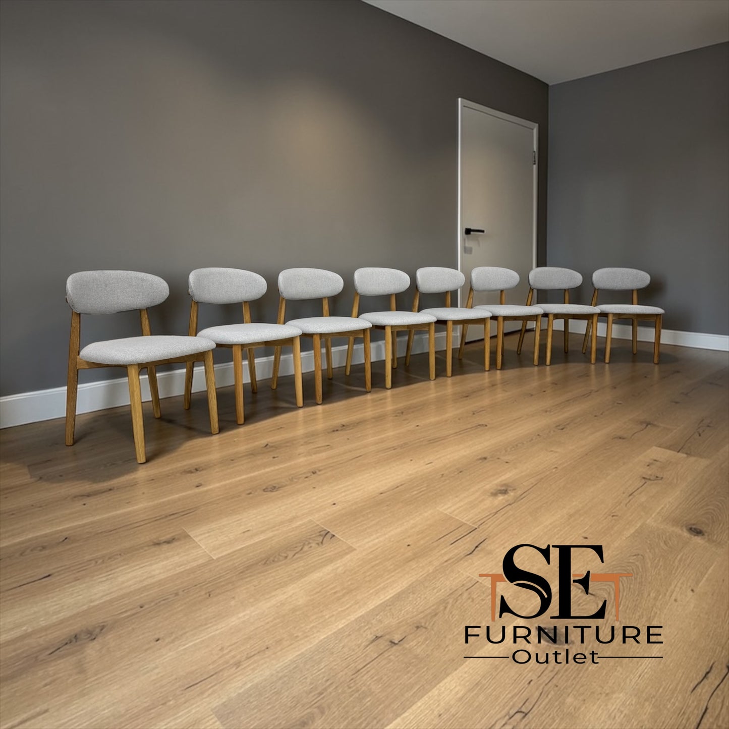 Set of 8 Natural Oak Dining Chairs in Cloud Grey, OTIS Range From Oak Furnitureland RRP £260 each