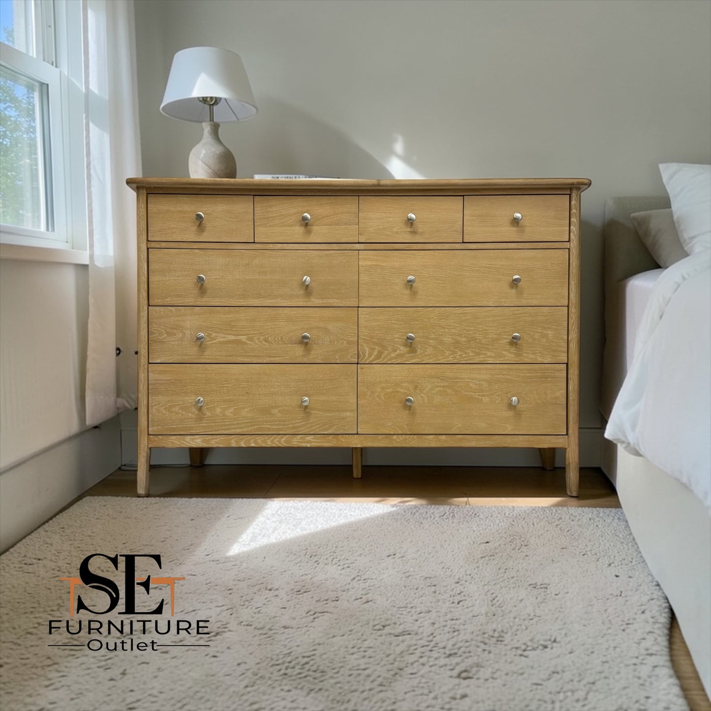 Solid Oak Top, Frames with Oak Veneer & White Wax Finish, 10 Drawer Chest Berkeley Nordic Oak Range RRP £999