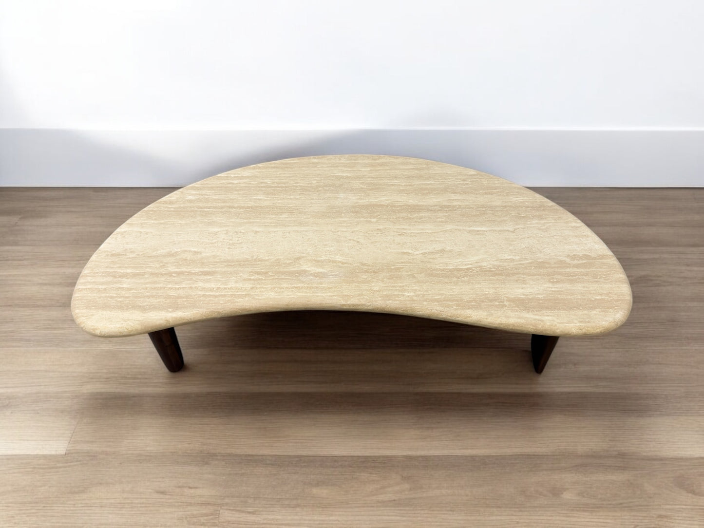 Solid Walnut legs & Natural Travertine Stone Coffee Table in the Shape of a Crescent Moon RRP £1199