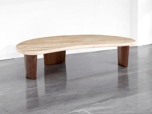 Solid Walnut legs & Natural Travertine Stone Coffee Table in the Shape of a Crescent Moon RRP £1199