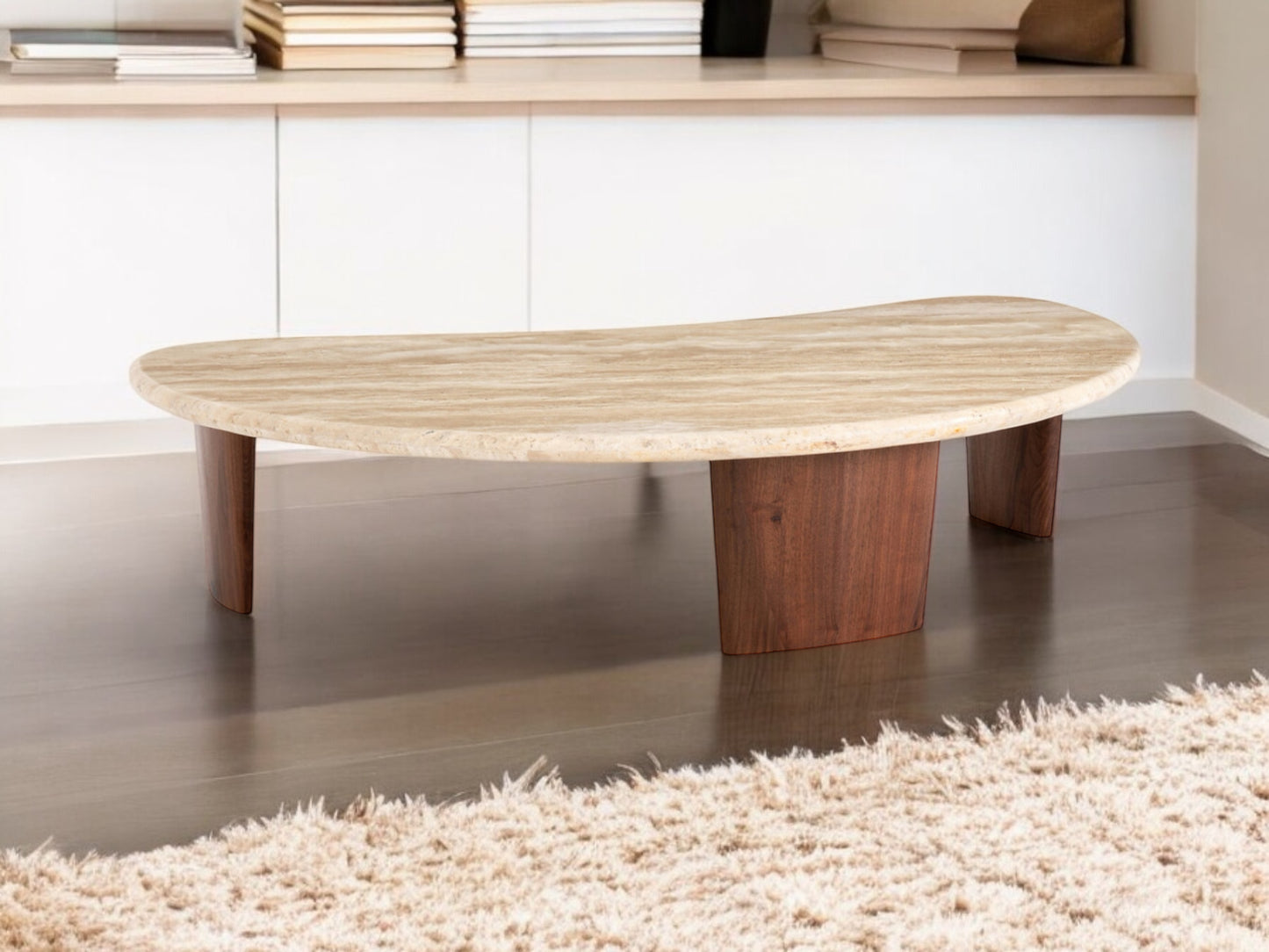 Solid Walnut legs & Natural Travertine Stone Coffee Table in the Shape of a Crescent Moon RRP £1199