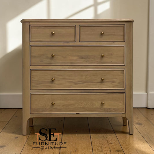 Light Natural Solid Oak 5 Drawer Chest, Newton Range From Oak Furnitureland RRP £639
