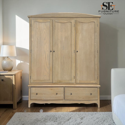 Solid Oak & Quality Oak Veneer Triple Wardrobe with Limewashed Finish, Camille Range RRP £1799