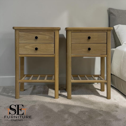White Wax Finished Solid Oak & Premium Oak Veneer Bedside Tables, Berkeley Nordic Oak Range RRP £500