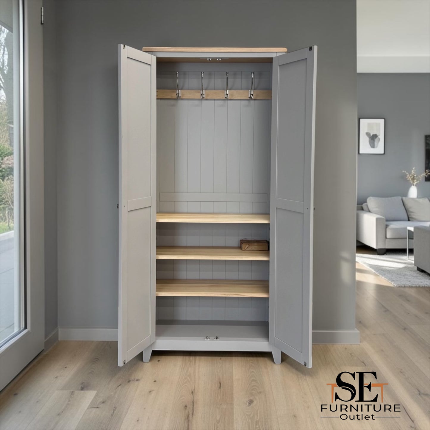 Oak Top & Solid Wood Frames 2 Door Hallway Cupboard, Chester Dove Grey Range RRP £999