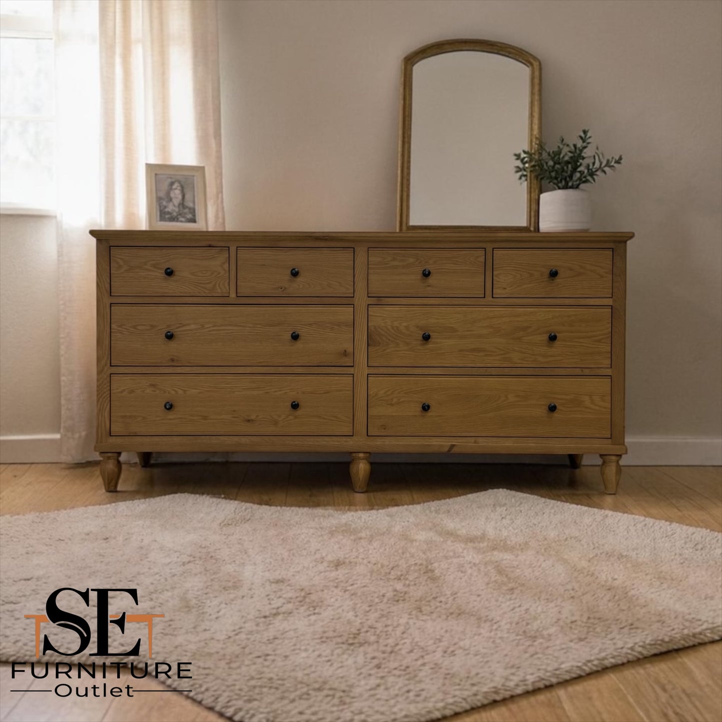 Solid Oak Top & Quality Oak Veneer 8-Drawer Wide Chest, Elkstone Mellow Oak Range, RRP £850