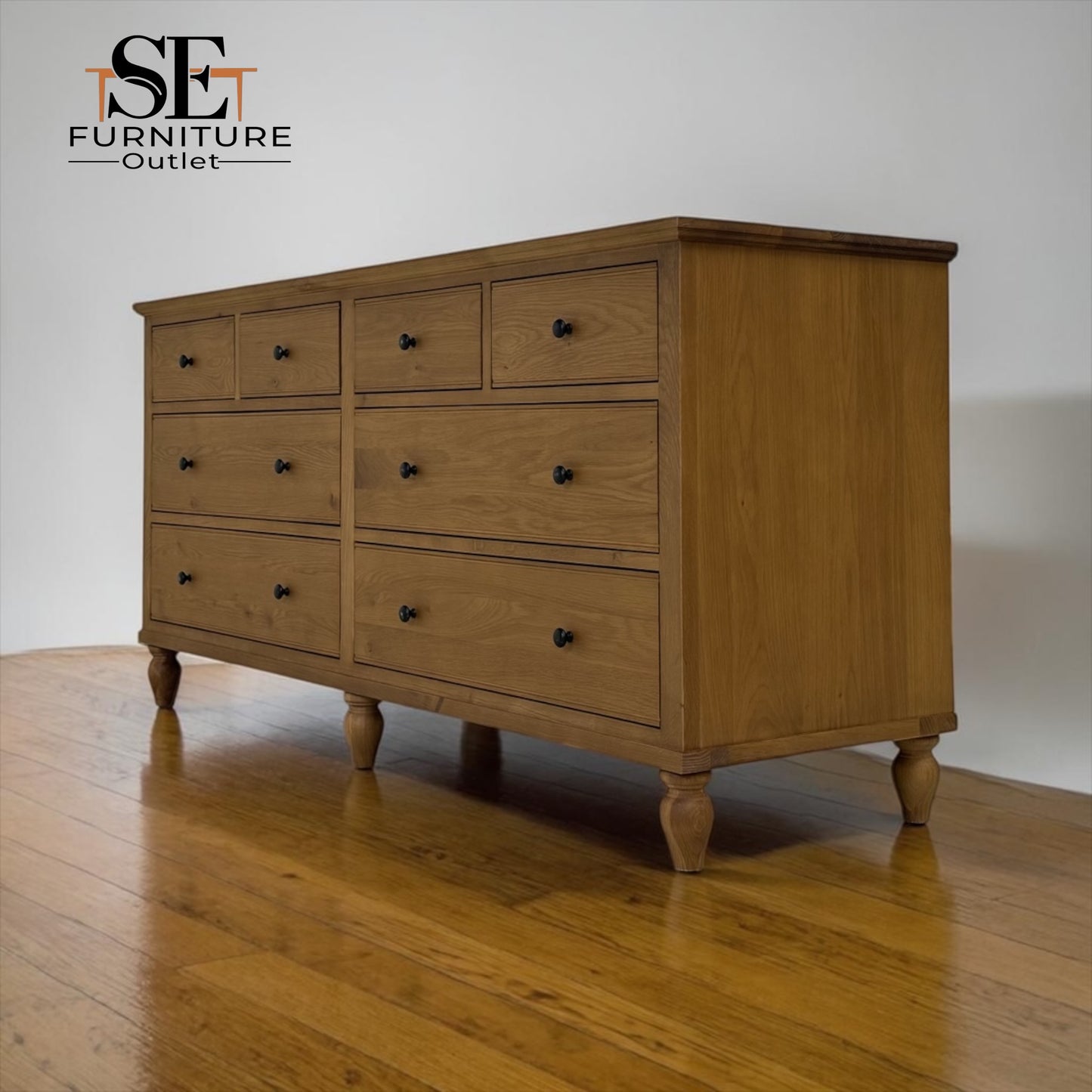 Solid Oak Top & Quality Oak Veneer 8-Drawer Wide Chest, Elkstone Mellow Oak Range, RRP £850