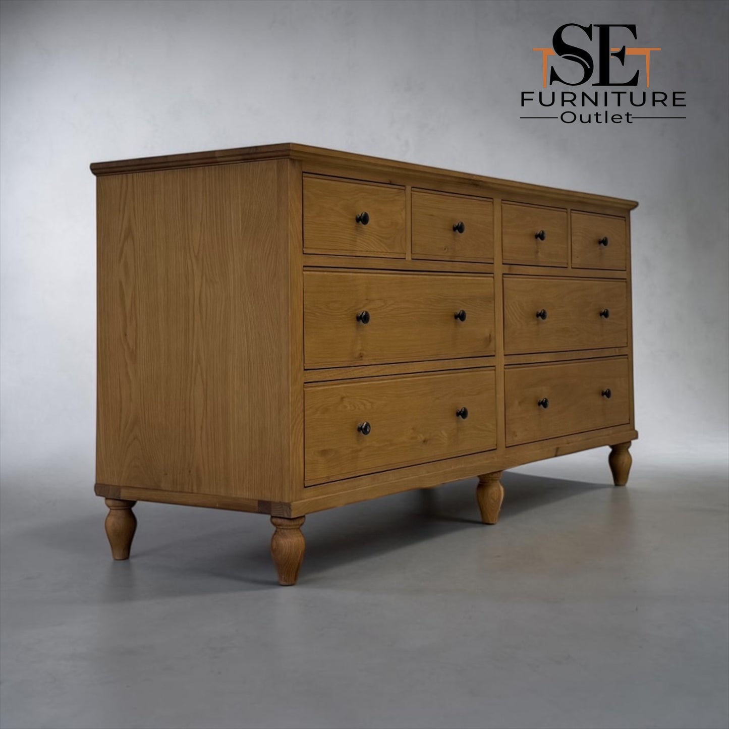 Solid Oak Top & Quality Oak Veneer 8-Drawer Wide Chest, Elkstone Mellow Oak Range, RRP £850