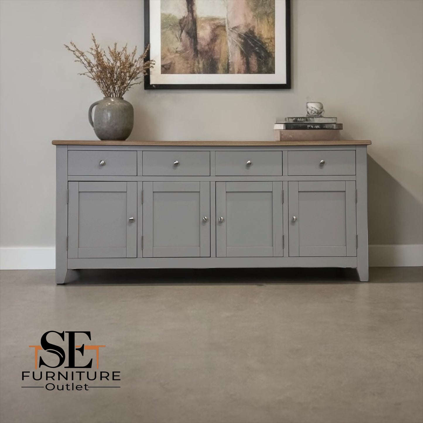 White Wax Finished Oak Top & Solid Wood Frames Extra Large Sideboard, Chester Dove Grey Range RRP £899