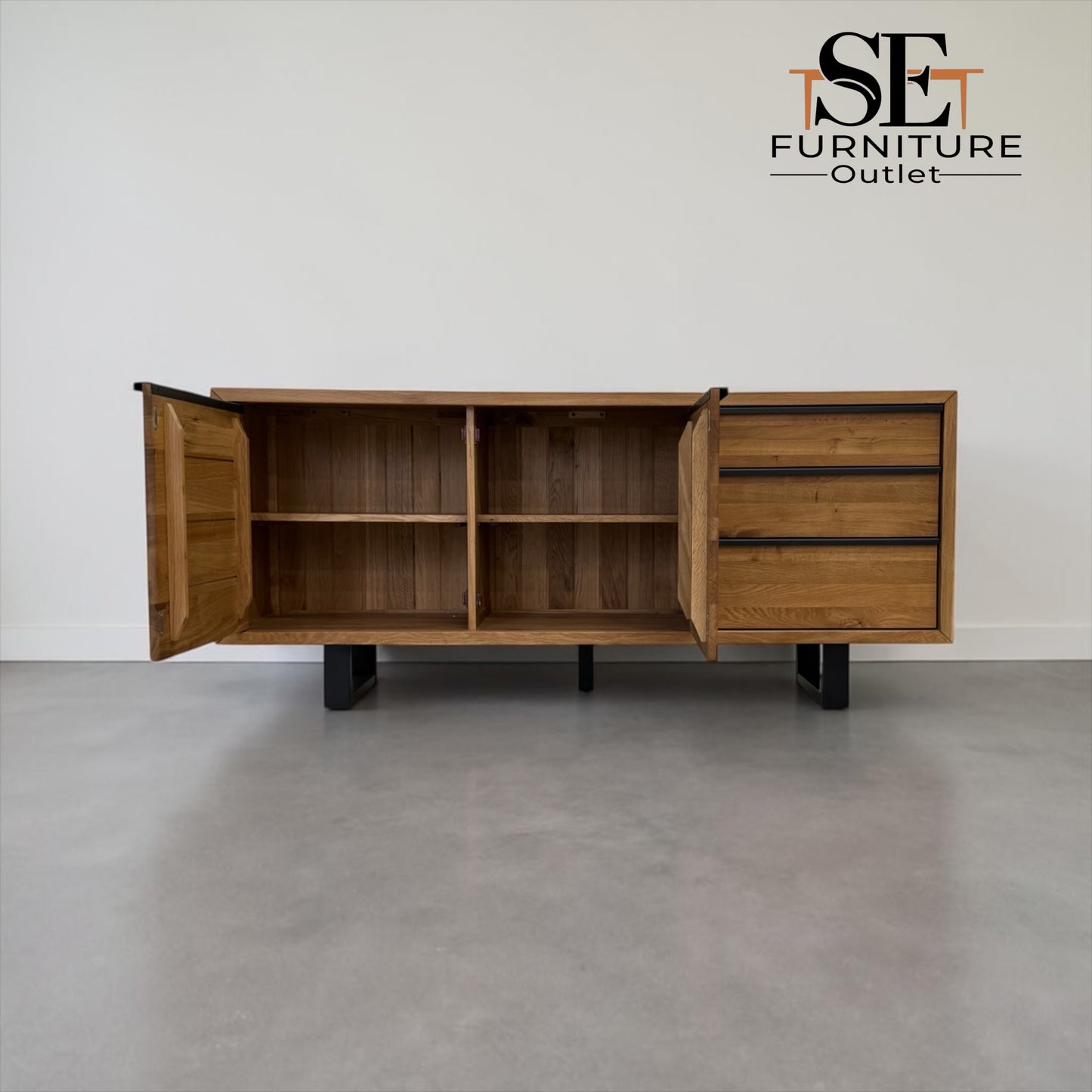 Natural Solid Oak & Metal Legs Extra Large Sideboard from Maine Range by Oak Furnitureland, RRP £799