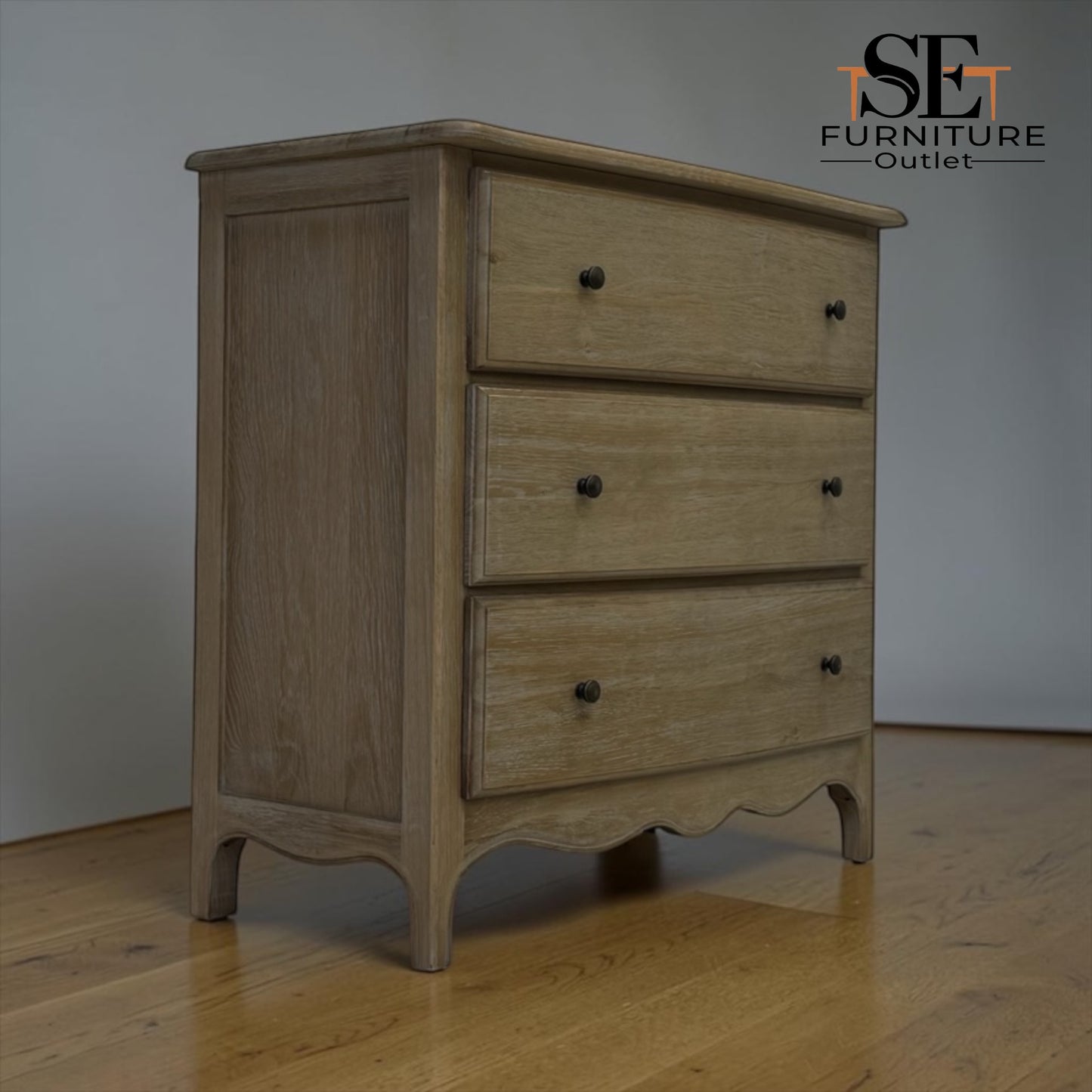 Solid Oak Frame Limewashed Finish 3 Drawer Chest, Camille Limewash Range RRP £799