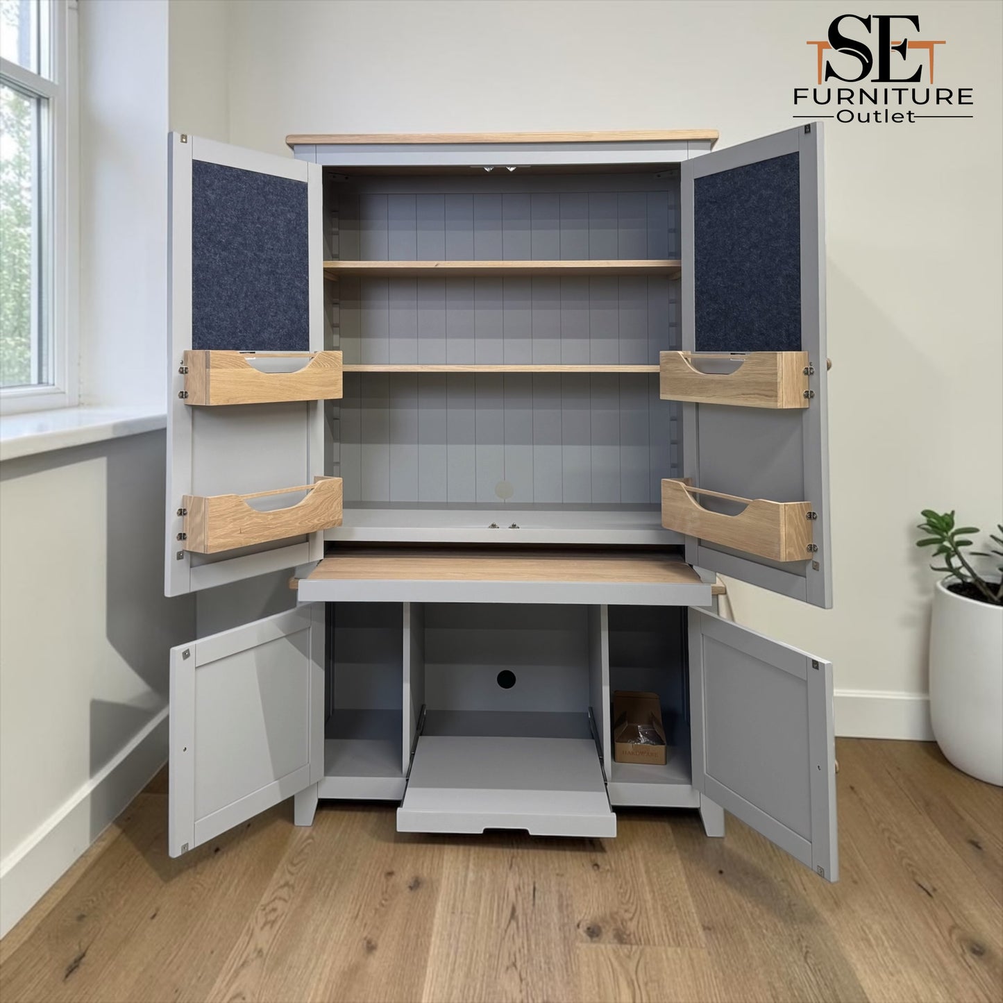 Solid Oak Top & Solid Wood Frames Hideaway Home Office, Chester Dove Grey Range RRP £1799