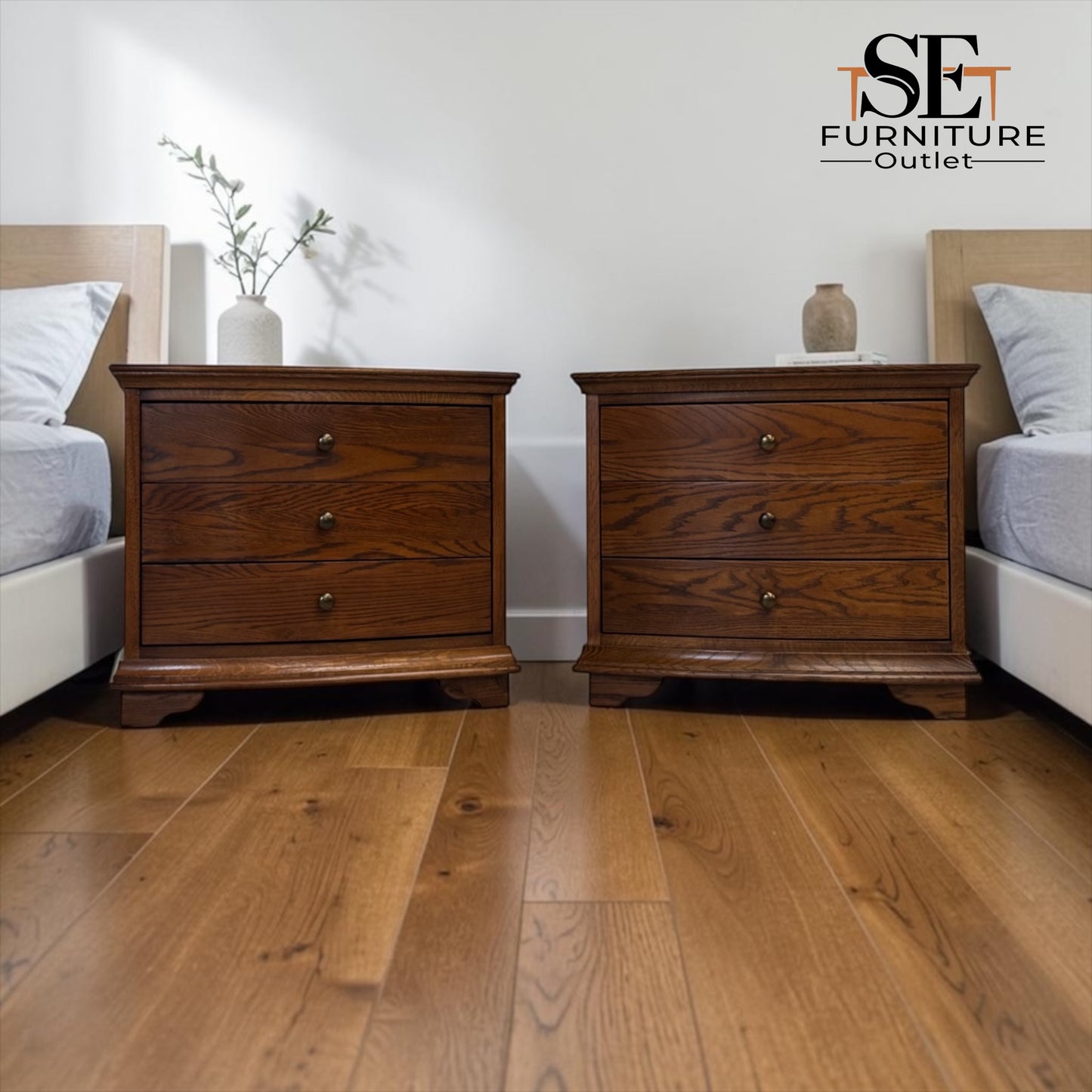 Set of 2 Solid Oak & Quality Oak Veneer Wide Bedside Tables from the Winchcombe Dark Oak Range, RRP £998