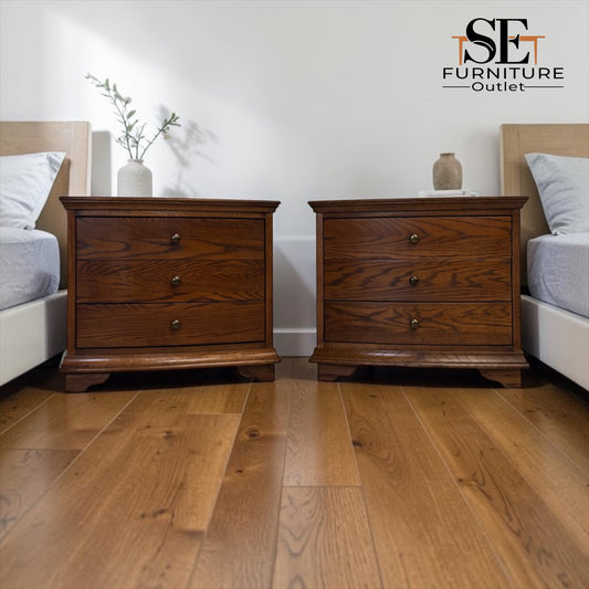 Set of 2 Solid Oak & Quality Oak Veneer Wide Bedside Tables from the Winchcombe Dark Oak Range, RRP £998