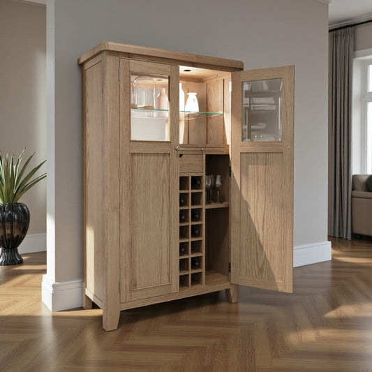 Smoked Oak Drinks Cabinet with Mirrored Back and Wine Rack