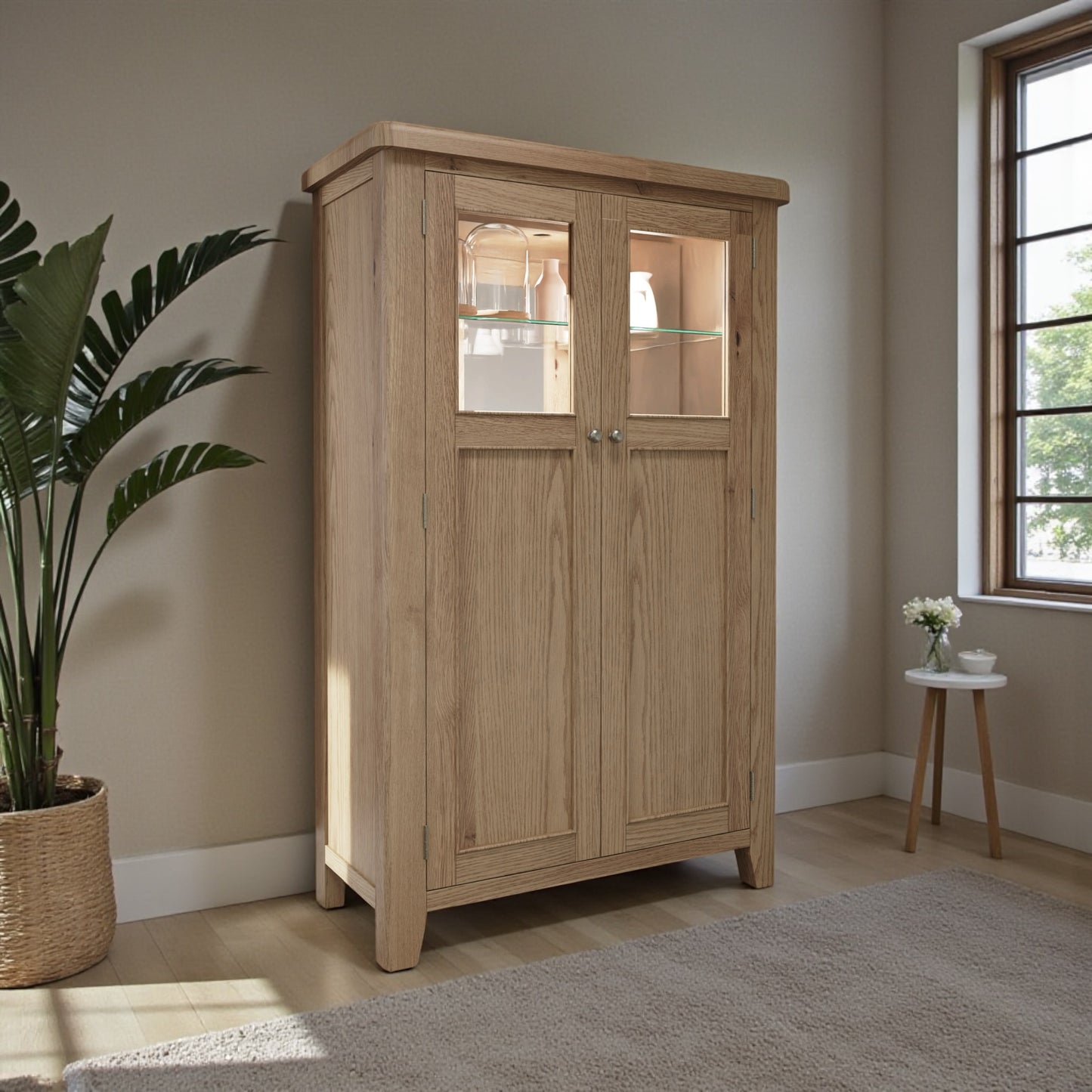 Smoked Oak Drinks Cabinet with Mirrored Back and Wine Rack