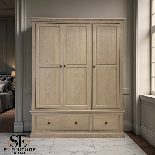 Weathered Oak Triple Wardrobe with Glass Mirror & Shelves, Burleigh Range From Oak Furnitureland RRP £1769