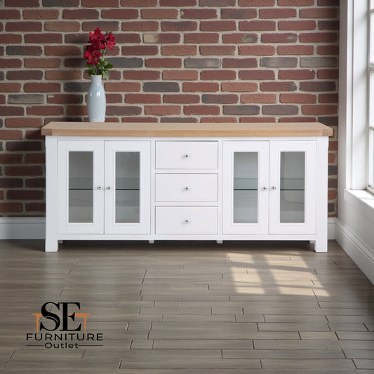 White Washed Oak Top & White Painted 4-Door Sideboard with Glass Doors and Glass Shelves