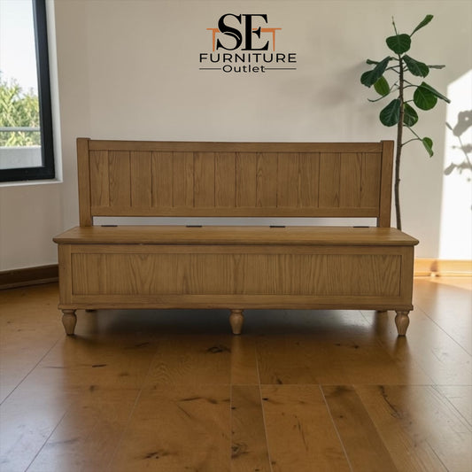 Solid Oak Top & Quality Oak Veneer Base Monks Bench with Storage, Elkstone Mellow Oak Range RRP £699