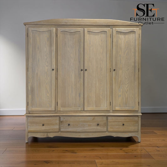 Grey-toned Limewash Finished Solid Oak & High-Quality Oak Veneer Quad Wardrobe, Camille Range RRP £2400